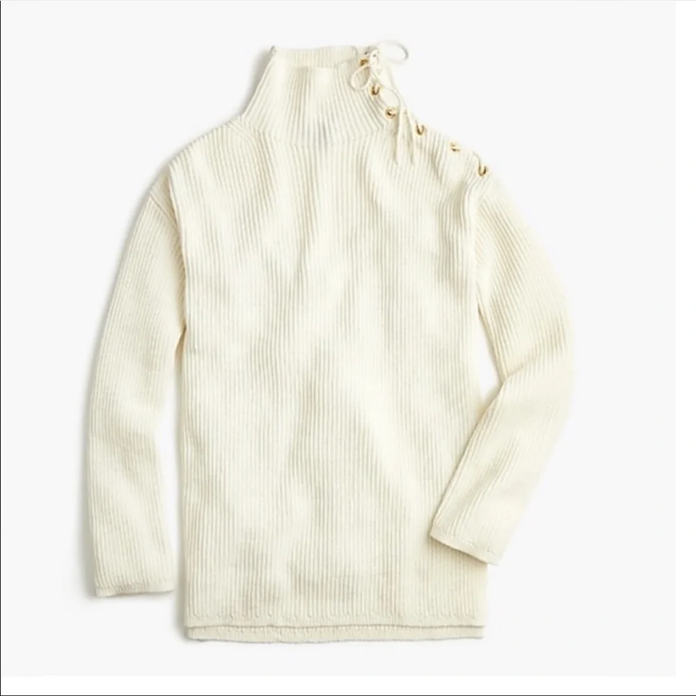J. Crew White Ribbed Tunic Lace-up Shoulder Knit Sweater Mock Neck #L1206 Small